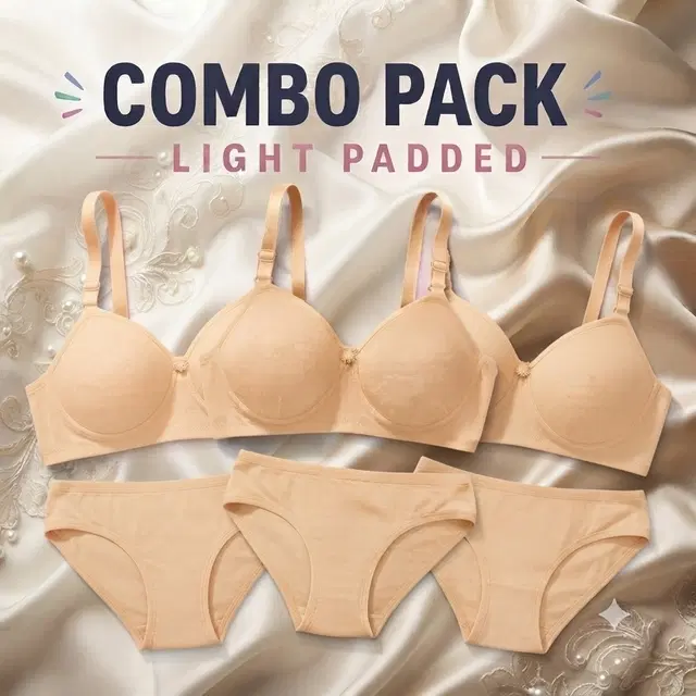 Cotton Bra and Hipster Panty Set for Women, Pack of 3 (Beige, 28B)
