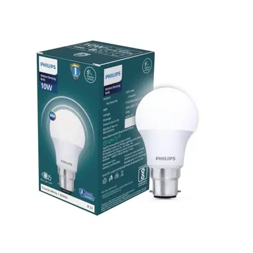 Philips 10w Motion Sensor Led Bulb | Cool White 6500k | B22 Base | Auto On/Off Sensor Light | Energy Efficient & Hands-Free Lighting | Pack Of 1