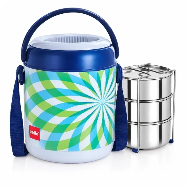 Cello Mark Lunch Box, 3 Pc, Blue | Insulated Carrier | Keeps Meals Warm | Easy-Grip Handle