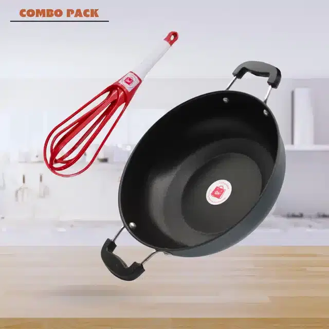 Non-Stick Kadhai & Plastic Whisker, Set of 2, Red & Black, 3000 ml