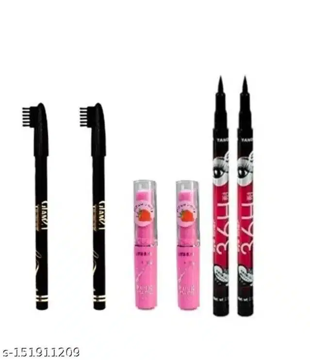 36H Eyeliner, 2 Pcs with 2 Pcs Eyebrow Pencil & 2 Pcs Pink Lip Balm, Set of 3