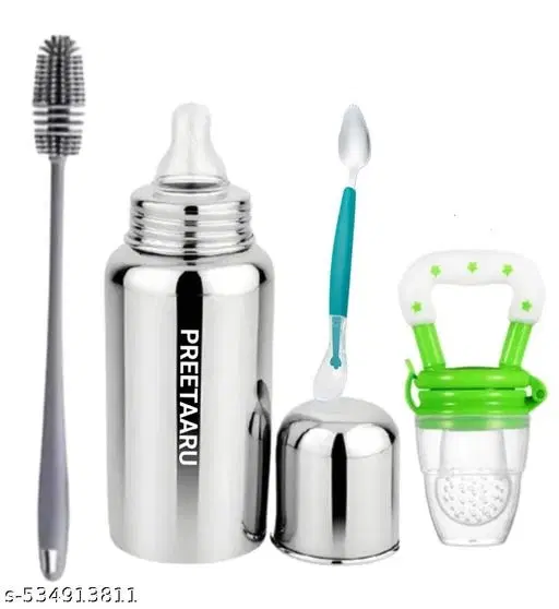 Steel Feeding Bottle Soft Silicone Fruit Nibbler,Bottle Cleaning Brush With Cutter Spoon