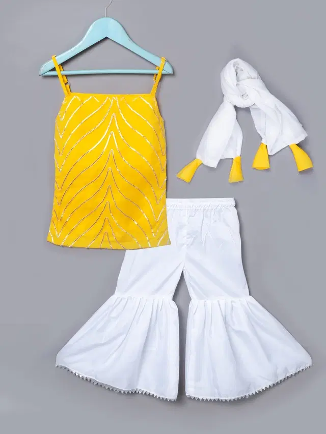 Net Embellished Kurti with Sharara & Dupatta for Girls (Yellow & White, 2-3 Years)