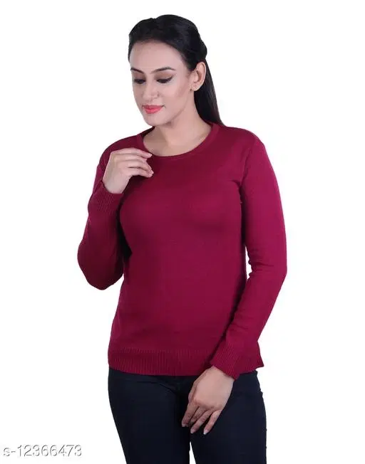 Acrylic Solid Sweater for Women (Wine, L)