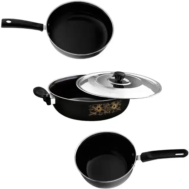 Non Stick Kadai, Stainless Steel Lid & Frying Pan with Saucepan, Black, Set of 3