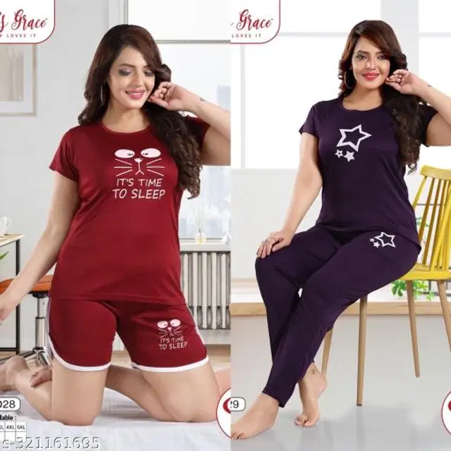 Satin Nightsuit for Women, Pack of 2 (Maroon & Purple, M)