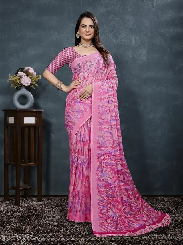 Georgette Printed Saree for Women, Pink