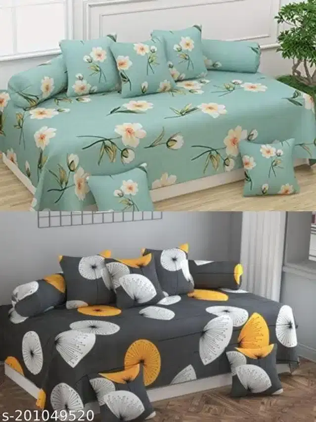 Polycotton Diwan Cover Set, Aqua Green & Grey, Combo of 2