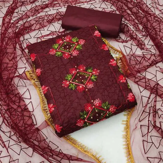 Women's Unstiched Dress Material Suit (Wine) (VK-275)