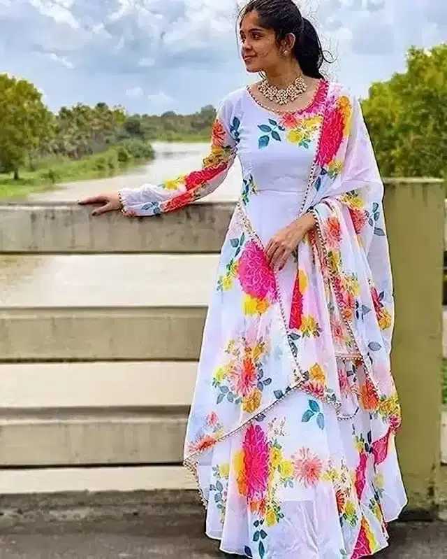 Georgette Printed Gown with Dupatta for Women, White & Pink (L)