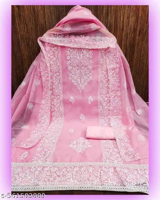 Embroidered Lucknowi Chanderi Cotton 5.85 meter (S) Sewing & Embroidery (, 5.85 meter (S)) (Pink, 6.65 meter (XXL)