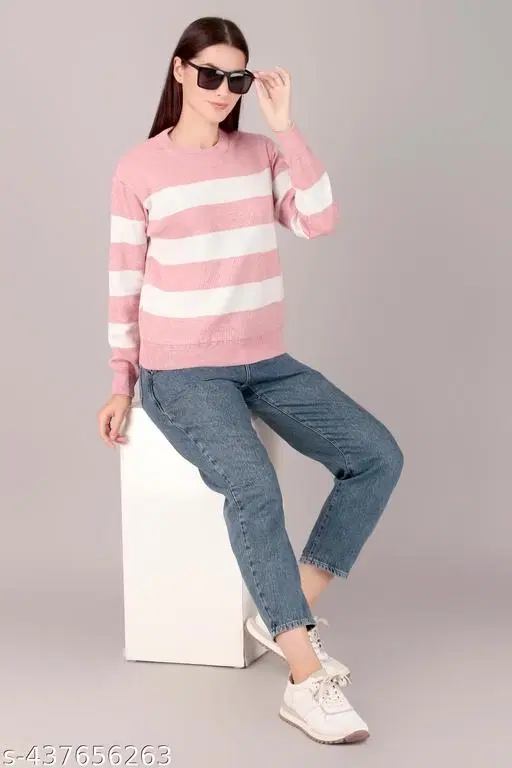 Acrylic Sweater for Women (Pink & White, M)