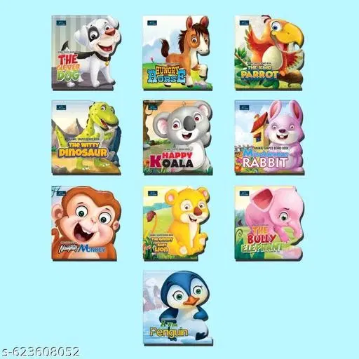 Animal-Shaped Story Board Book Set of 10 for Kids – The Kind Parrot, Mischievous Rabbit, The Greedy Baby Lion, The Witty Dinosaur, The Clever Dog, Hungry Horse, Happy Koala, A Wise Penguin, The Bully Elephant & Naughty Monkey