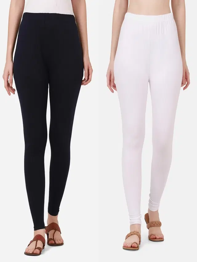 Cotton Solid Leggings for Women, Pack of 2 (Navy Blue & White, S)