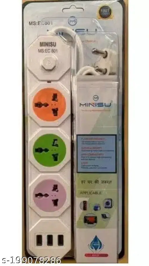Extension Cord With 3 USB Fast Charging Ports & 3 Socket, Multicolor, D19