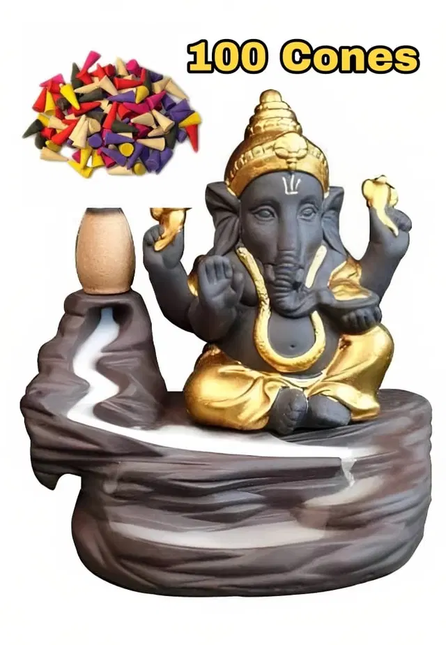 Ganeshji Idol Smoke Fountain with 100 Pcs Backflow Incense Cones, Brown & Gold, Set of 2