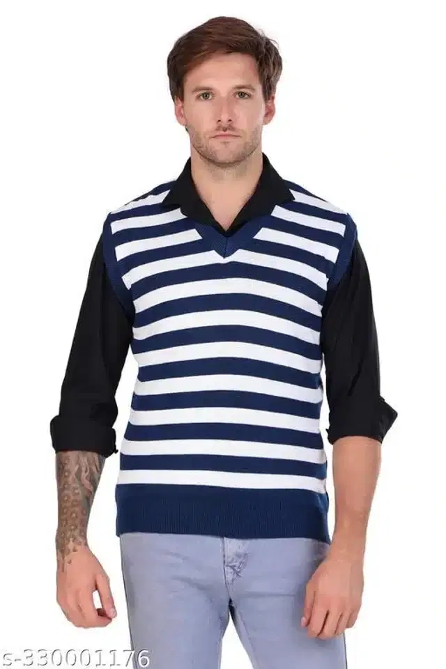 Acrylic Sleeveless Sweater for Men (Blue & White, M)
