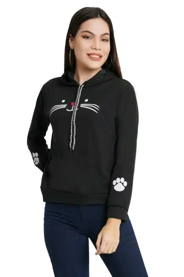 Women's Printed Long Sleeves SweatShirt (Black, S)