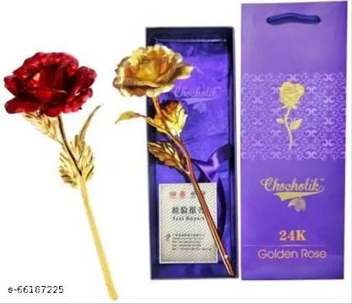 Plastic 24K Rose with Box for Gift, Gold & Red, Pack of 2
