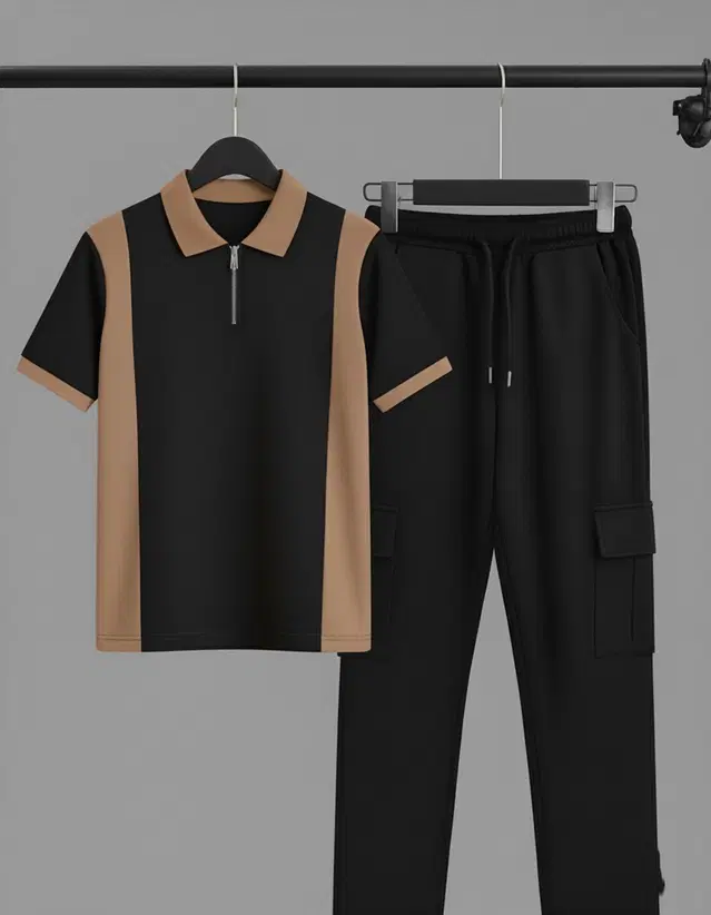 Colorblocked Night Suit For Men  Black , (M)