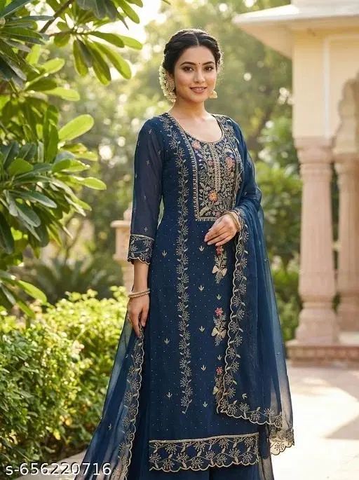 Georgette Punjabi/All Over Suits Semi-Stitched Suits (Navy Blue, 7.05 meter for Women (4XL)