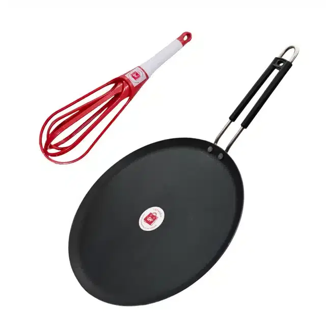 Induction Base Flat Iron Tawa with Plastic Whisker, Multicolor, Set of 2