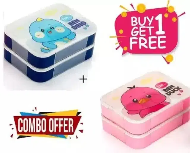 2 Compartment Lunch Box with Handle & Push Lock, Multicolor, 600 ml, Set of 2