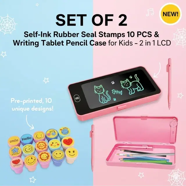 Self-Ink Rubber Seal Stamps 10 PCS & Writing Tablet Pencil Case for Kids â€“ 2 in 1 LCD (Set of 2)Multicolor