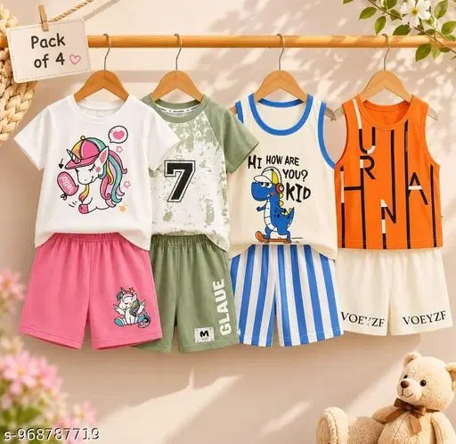 Cotton Top & Bottom Sets for Boys & Girls, Pack of 4 (White, 1-2 Years)