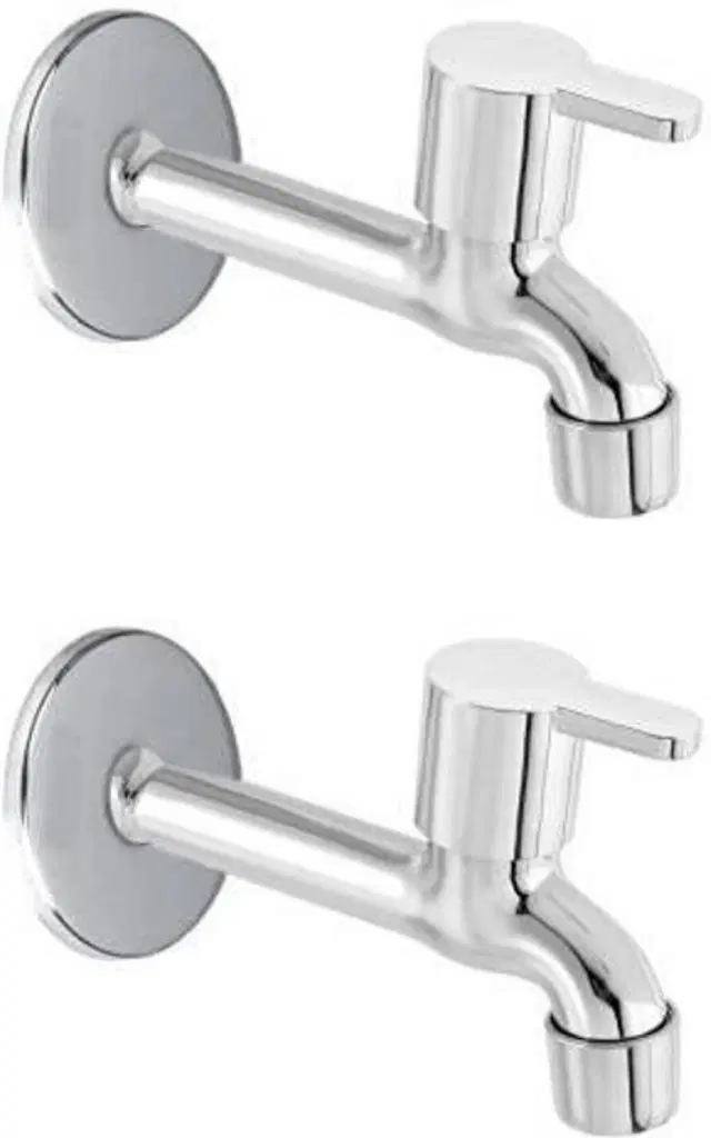 Stainless Steel Long Body Bib Cock Tap with Wall Flange, Silver, Set of 2