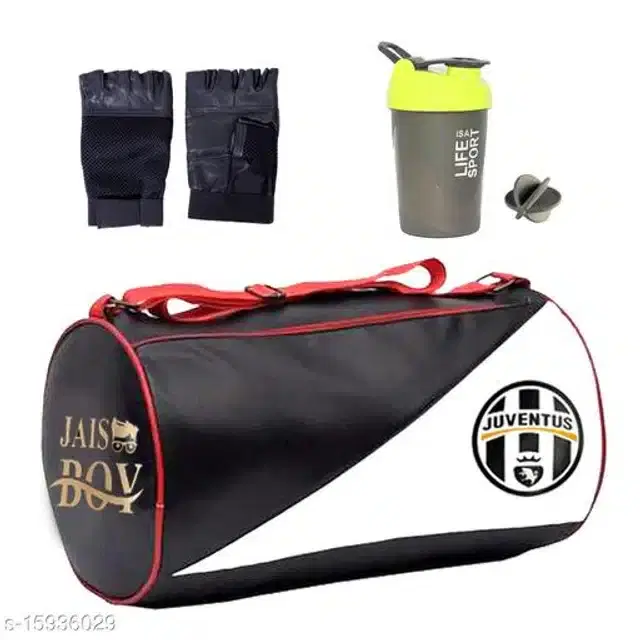 Combo of Gym Bag with Shaker Bottle, 400 ml, Gloves, Multicolor, Set of 3