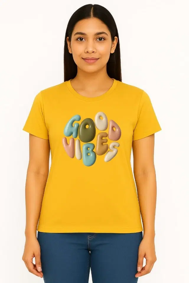 Cotton Blend Printed T-shirt for Women, Mustard (S)