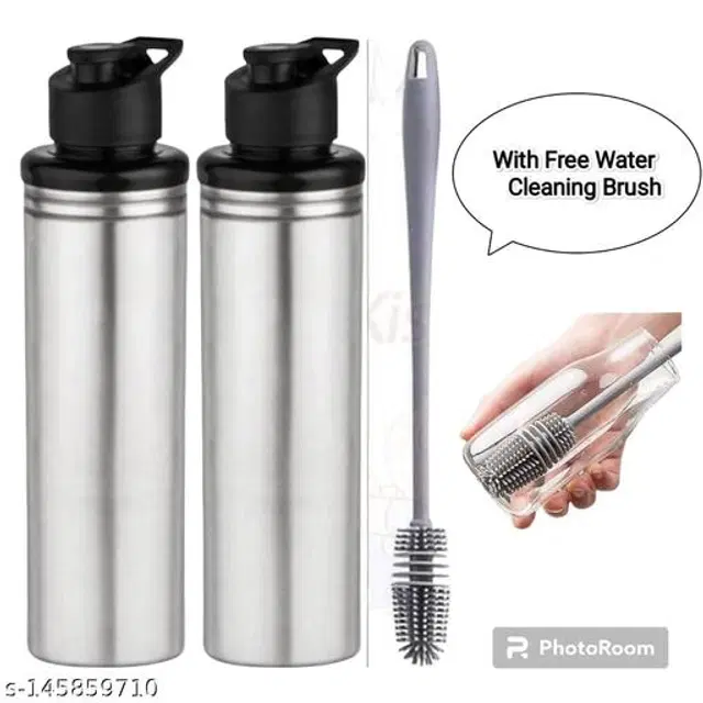 Stainless Steel 2 Pcs Water Bottle, 1000 ml with Cleaning Brush, Silver, Set of 3