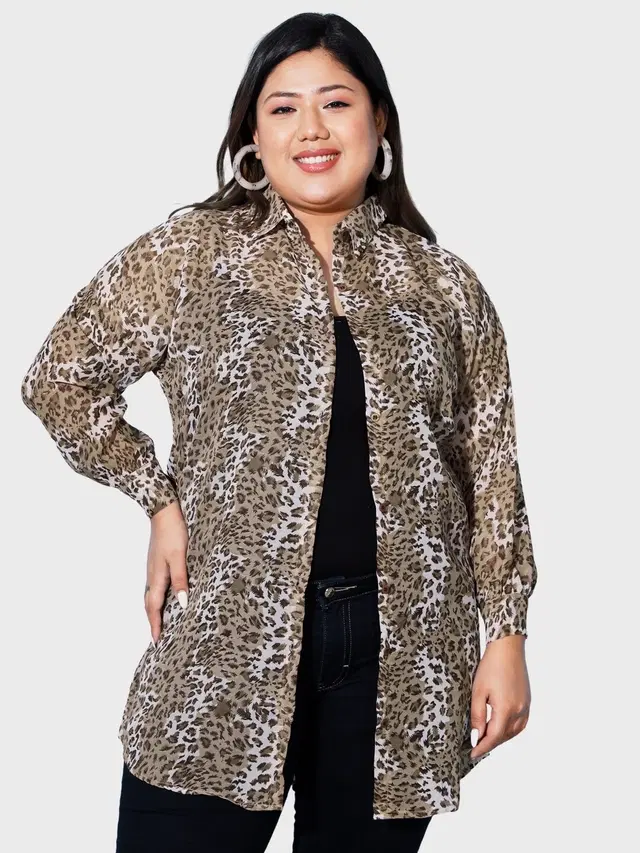 Full Sleeves Printed Shirt for Women (Light Brown, 3XL)