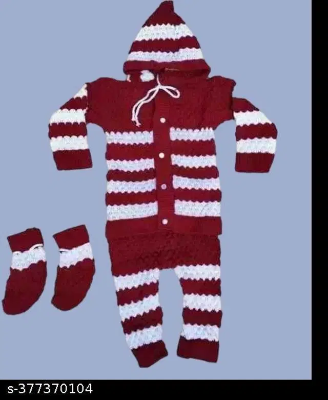 Woolen Clothing Set for Boys (0-3 Months, Maroon & White)