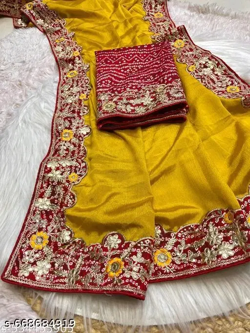 Georgette Solid Saree For Women, Yellow