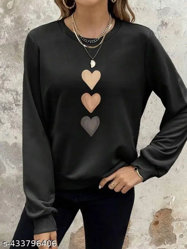 Fleece Printed Sweatshirt for Women (Black, M)