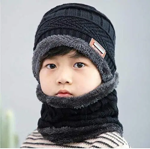Woolen Cap with Neck Warmer for Kids (Black)