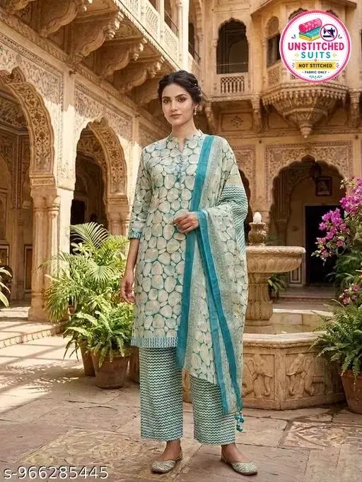 Cotton Blend Printed Salwar Suit Set for Women (Blue, L)