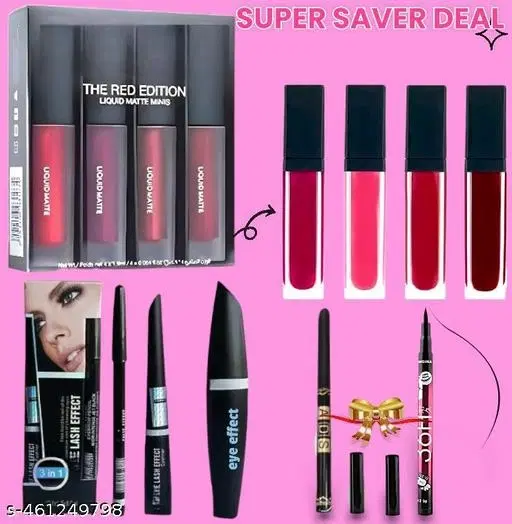 New Eye Makeup Combo With Matte Red 4in1 Lipstick , 3in1 Mascara Eyeliner , One 36h Eyeliner And One Ads Kajal