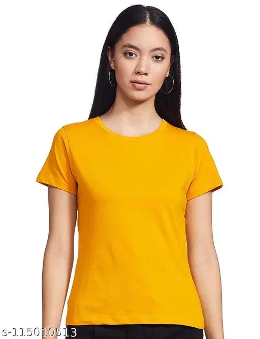 Cotton Solid T-Shirt for Women, Yellow (S)