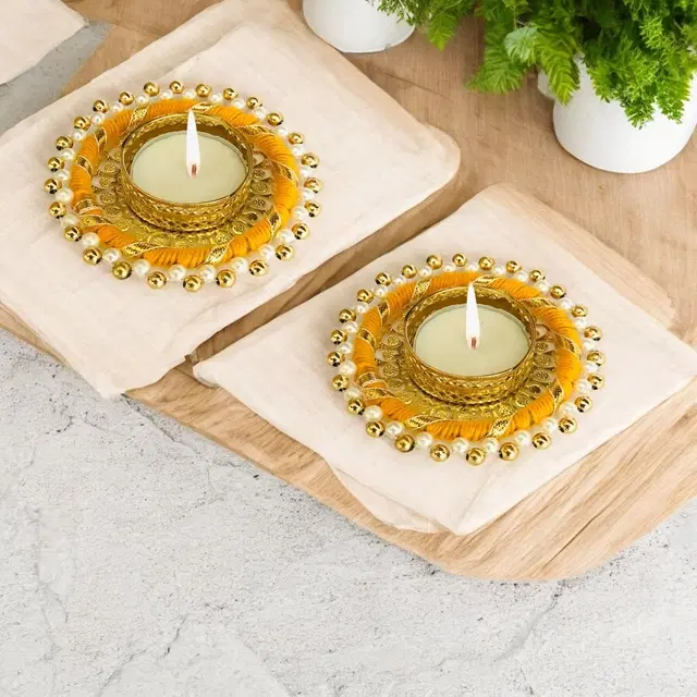 Metal Designer Tealight Candle Holder, Yellow, 9x8x1.8 cm, Pack of 2
