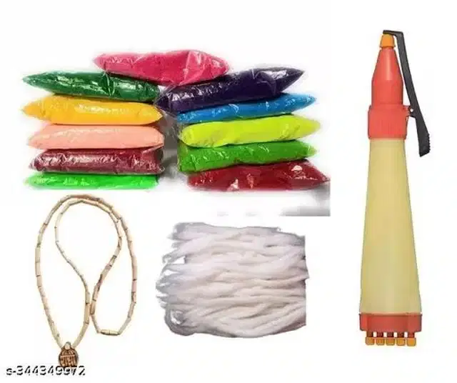 Rangoli Colors Pouch, 10 Pcs with Bottle & 100 Pcs Wick with Radha Tulsi Mala, Multicolor, Set of 4