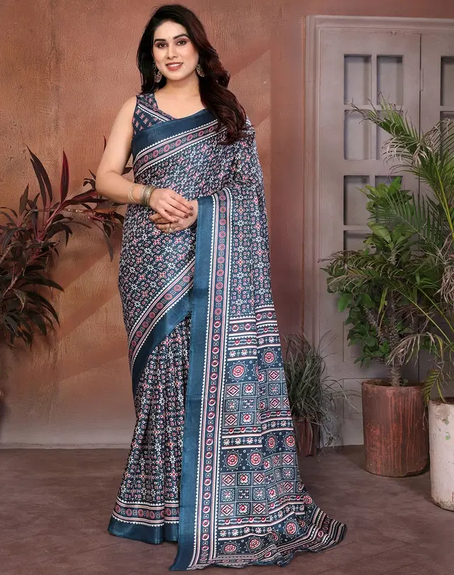 Leheriya Printed Saree for Women (Navy Blue, Free Size)