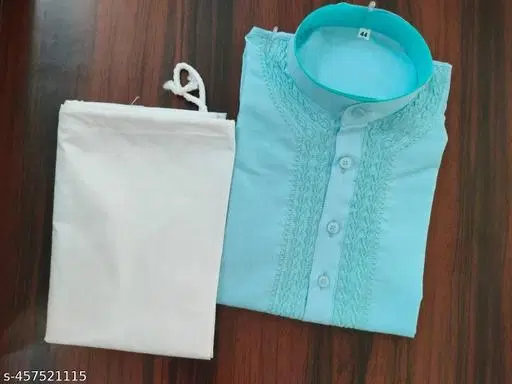 Cotton Solid Kurta Set for Men, White & Sky Blue (M)