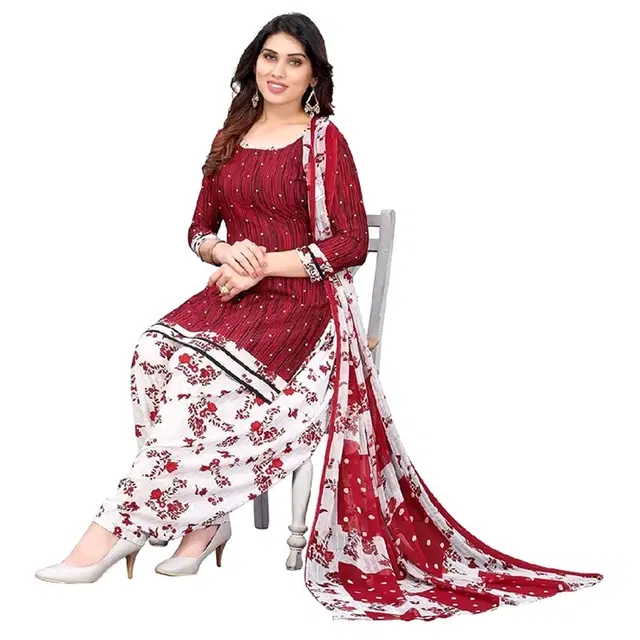 Crepe Polka Dots Unstitched Suit with Dupatta for Women (Maroon)