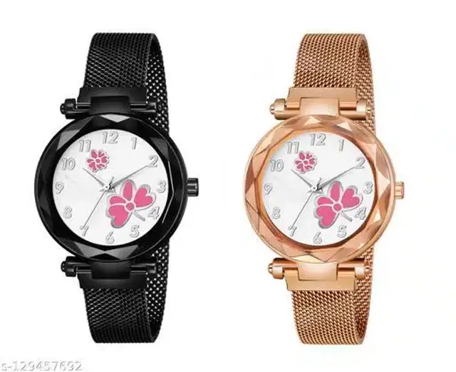 Analog Watch for Women, Pack of 2 (Rose Gold & Black)