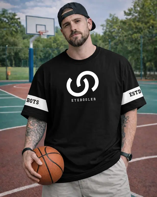 Round Neck Printed Cotton Blend T-shirts for Men (Black, S)