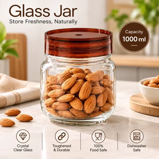 Cello Grip N Store Glass Storage Jar, 1 L, Maroon | Pack of 1 | Airtight Lid | Easy-Grip Body | For Kitchen Storage