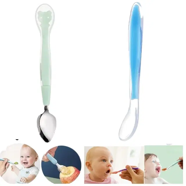 Combo of Silicone Double-Head & Single-Head Feeding Spoon for Baby, Multicolor, Set of 2